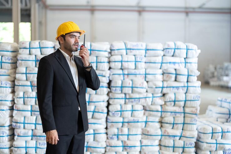 male-european-engineer-wearing-hard-hat-suit-holding-radio-surveys-industrial-warehouse-which-there-are-sacks-ready-be-packed-export-world-market