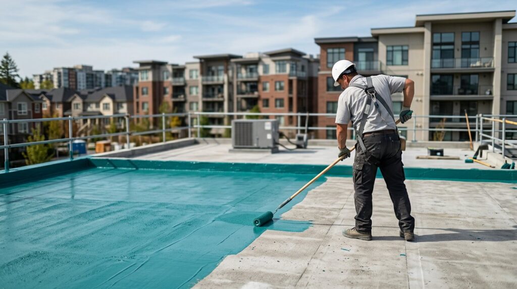 Applicator rolling elastomeric waterproof coating onto a concrete rooftop