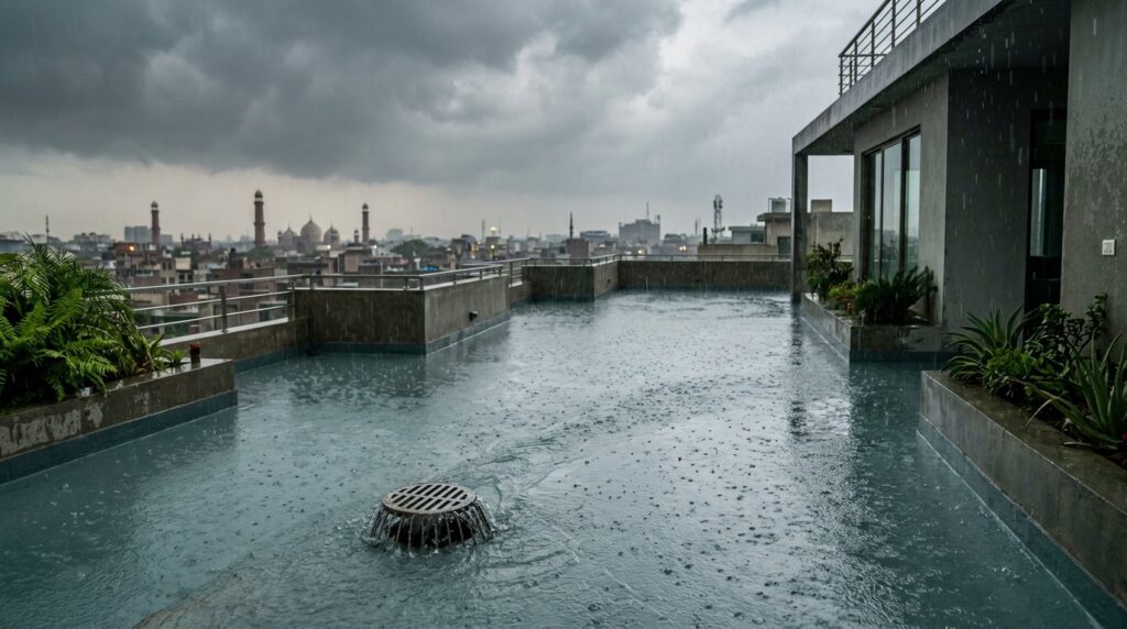 Monsoon rain draining off a freshly waterproofed flat rooftop terrace in Lahore