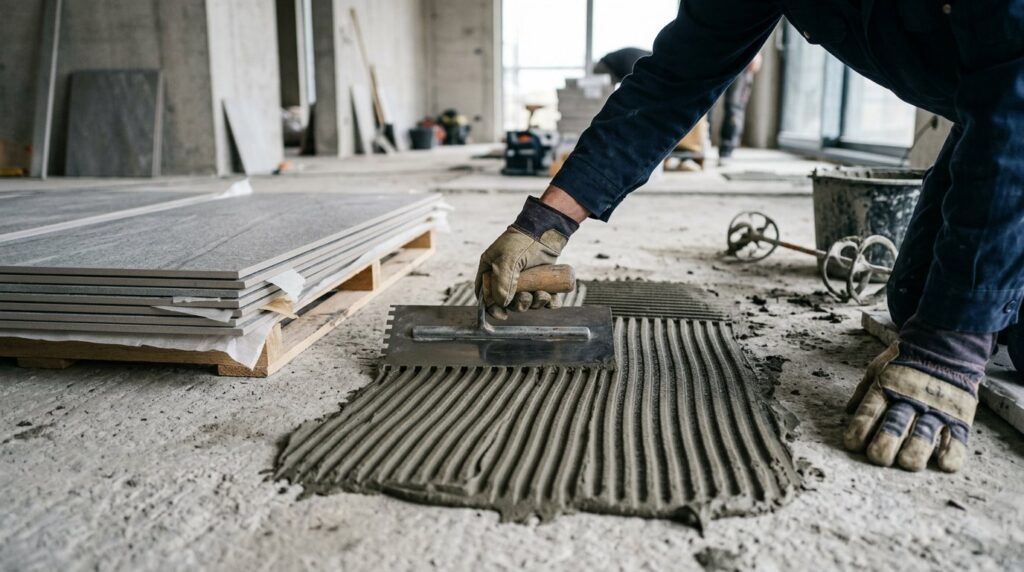 Notched trowel spreading polymer modified tile adhesive for large format tiles